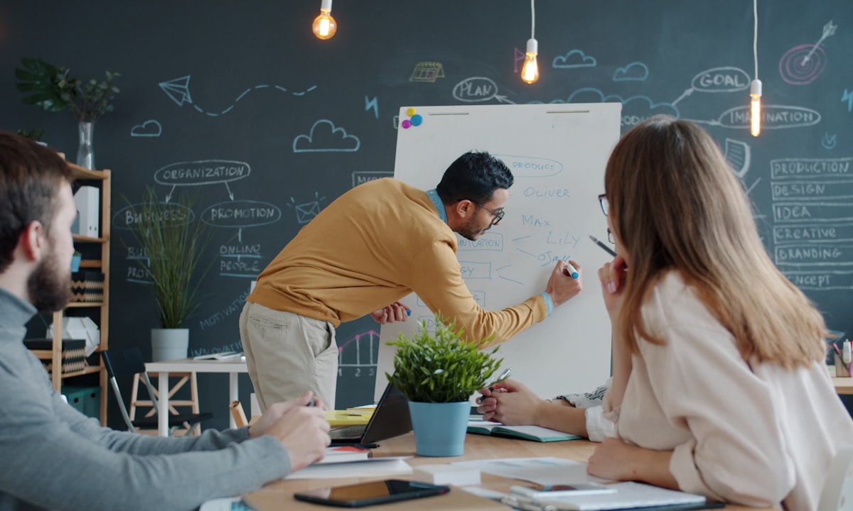 Een idee uitleggen op een whiteboard. Externe hulp werkt het best als coach, niet als bouwer.