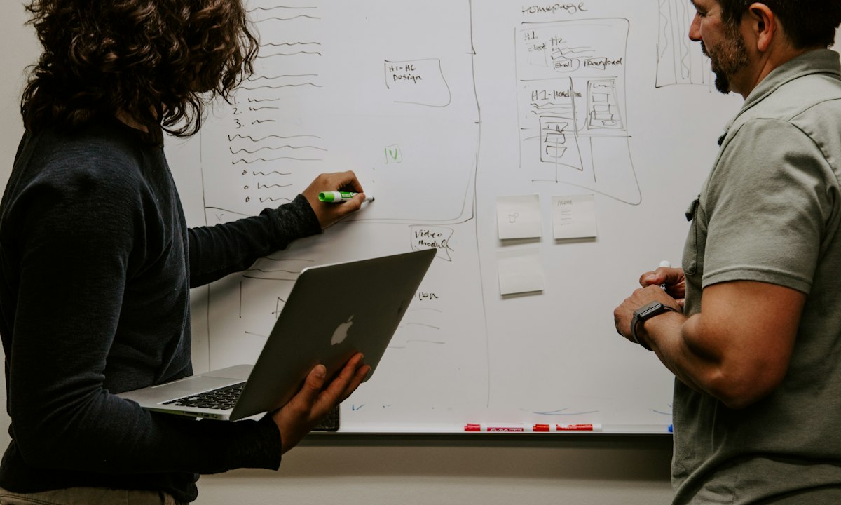 Twee collega's tekenen een proces uit op een whiteboard. Wie het werk kent, ziet als eerste waar AI past.